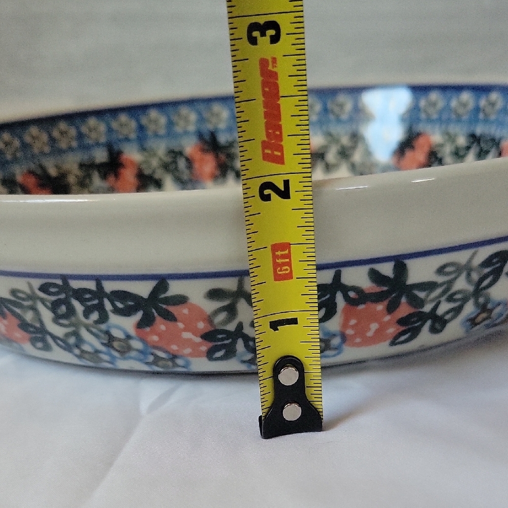 Polish Pottery Floral Blue and Cream Ceramic Bowl With Strawberries - Picture 8 of 13